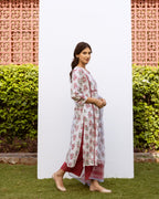 White Cotton Round Neck Handblock Printed Kurta Dupatta Set (Pant Not Included)