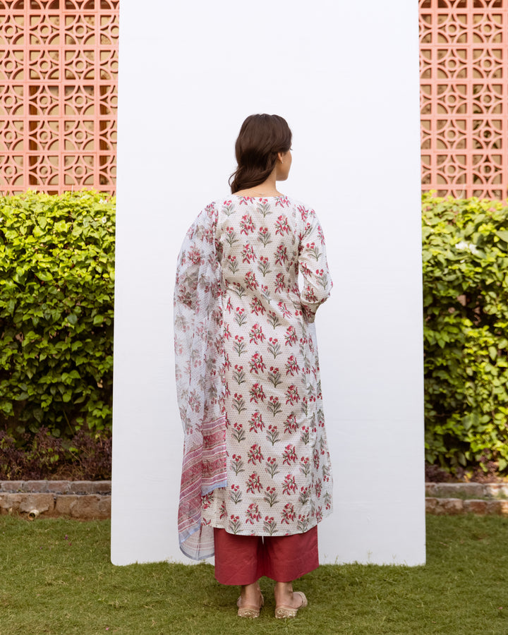 WHITE KURTA COTTON - DUPATTA -KOTA DORIYA ROUND NECK HANDBLOCK KURTA DUPATTA FOR WOMEN'S