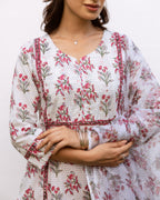 White Cotton Round Neck Handblock Printed Kurta Dupatta Set (Pant Not Included)