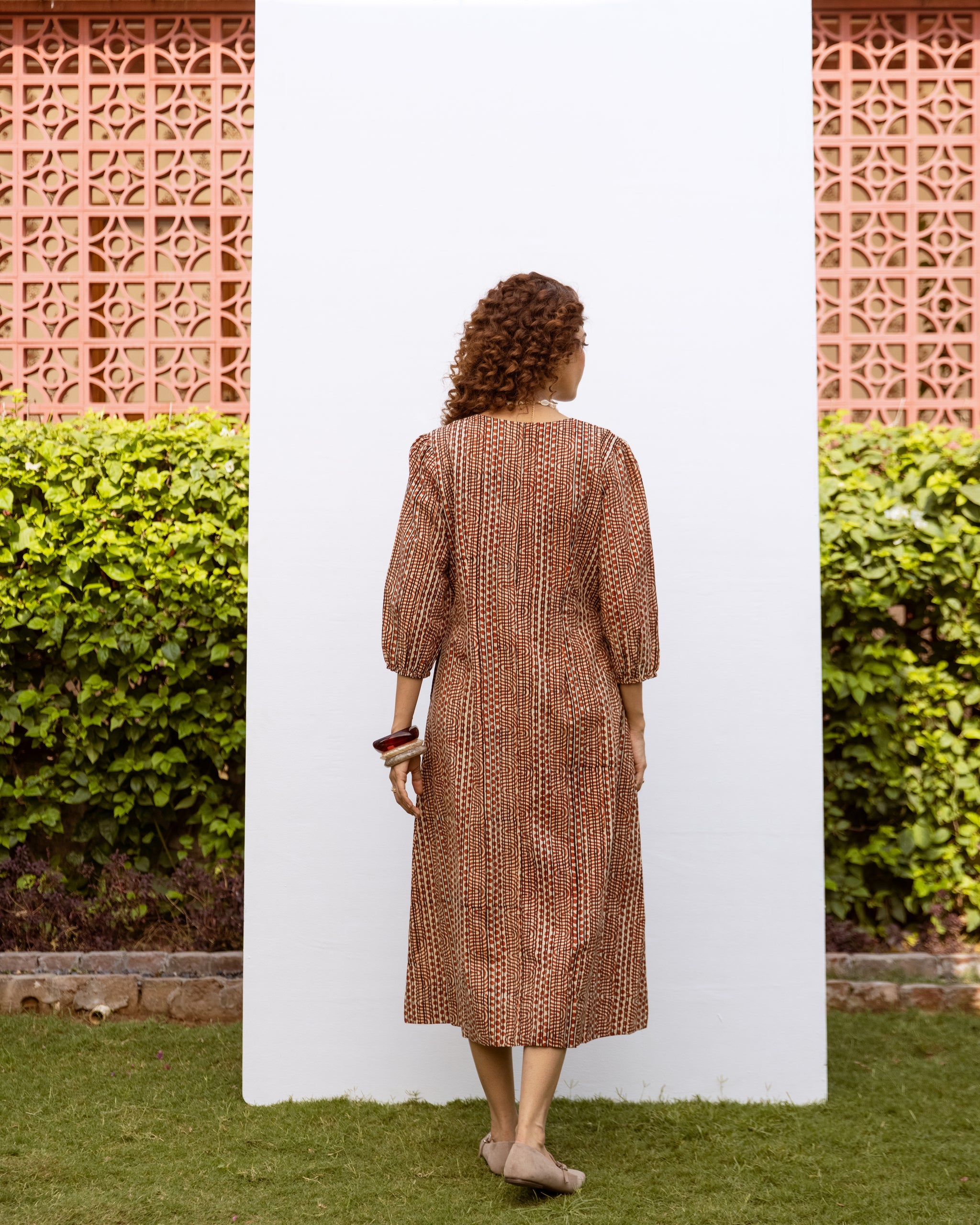 Rust Cotton V-Neck Handblock Dress For Women's