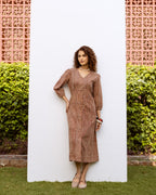 Rust Cotton V-Neck Handblock Dress For Women's