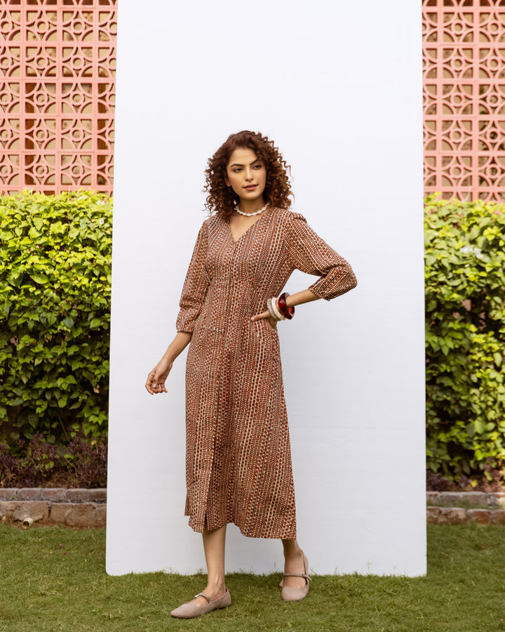 RUST COTTON V-NECK HANDBLOCK DRESS FOR WOMEN'S