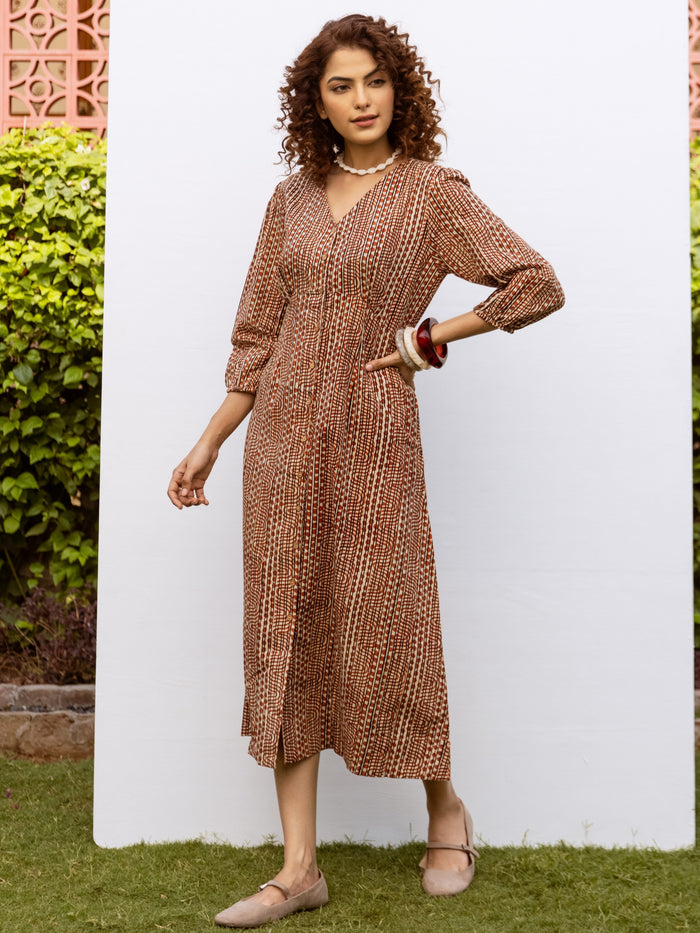 Rust Cotton V-Neck Handblock Dress For Women's