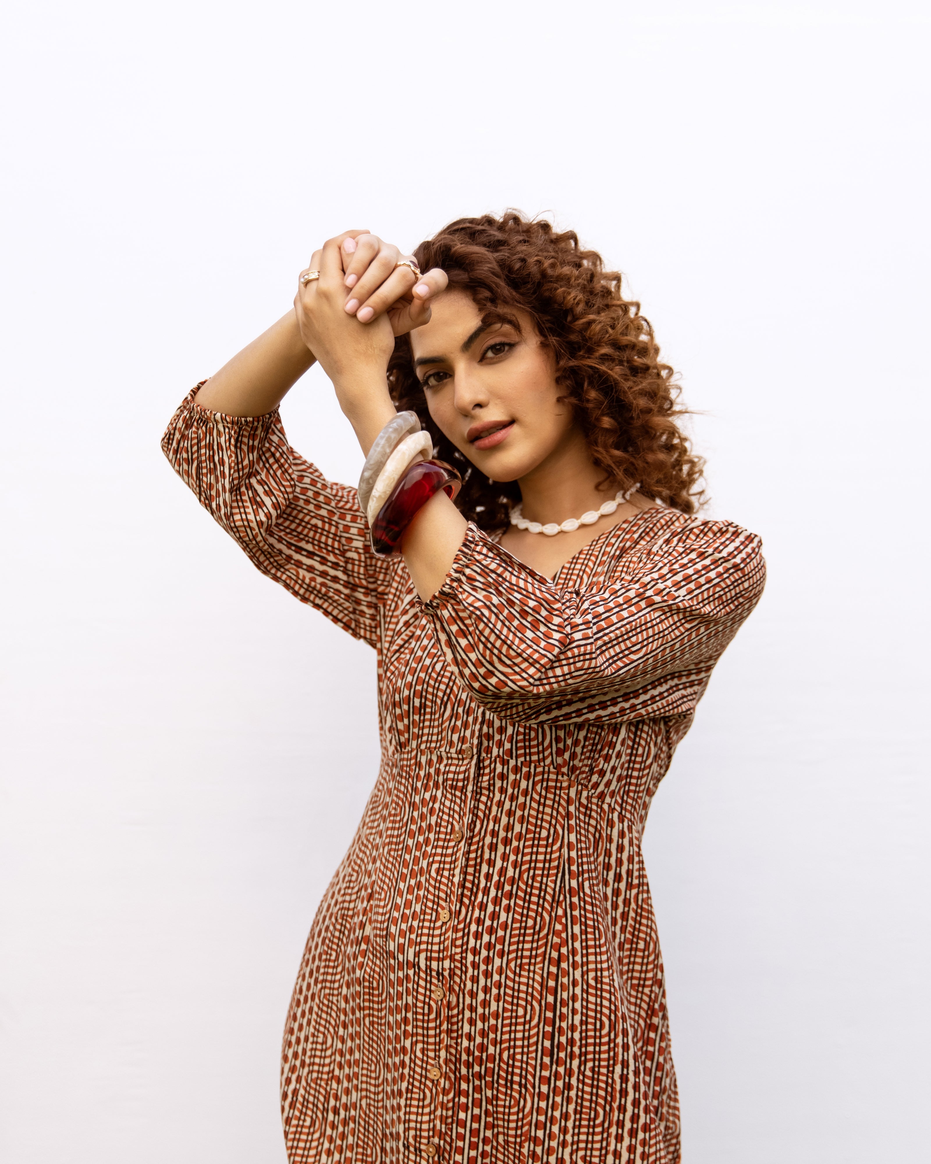 Rust Cotton V-Neck Handblock Dress For Women's