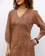 Rust Cotton V-Neck Handblock Dress For Women's