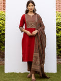 Red Cotton Round Neck Complete Suit Set For Women's