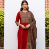 Red Cotton Round Neck Complete Suit Set For Women's