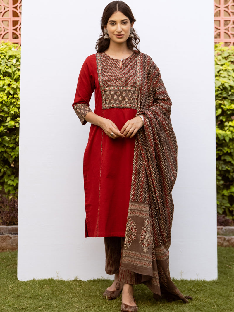 Red Cotton Round Neck Complete Suit Set For Women's