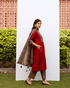 Red Cotton Round Neck Complete Suit Set For Women's
