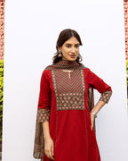 Red Cotton Round Neck Complete Suit Set For Women's
