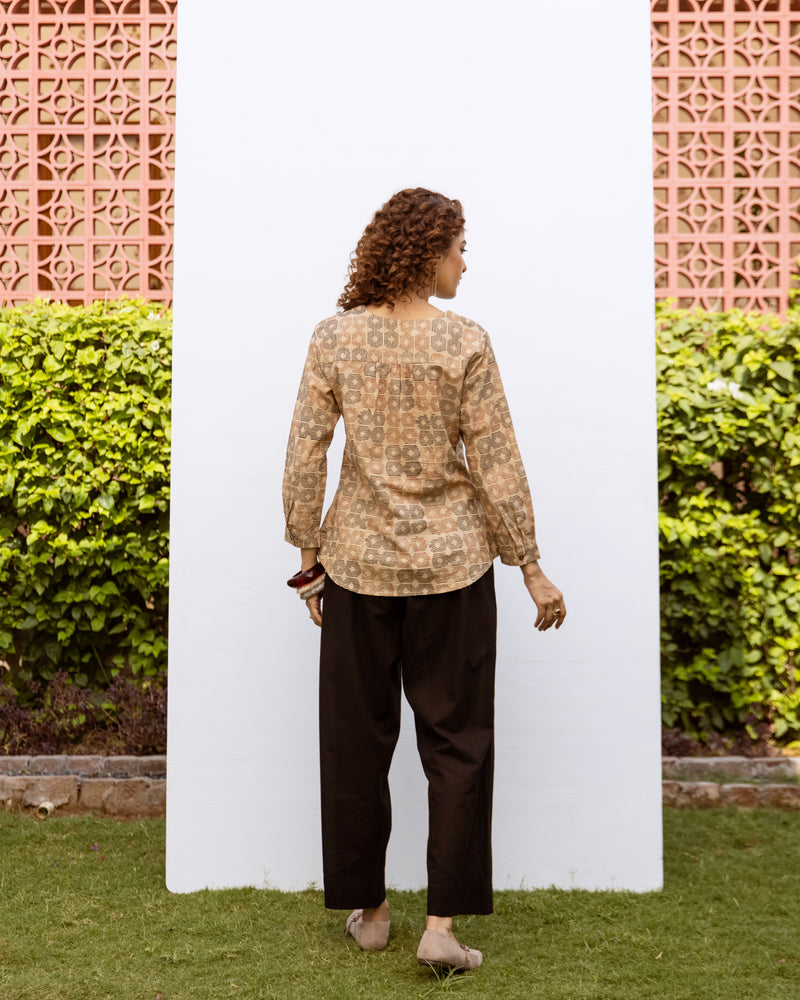 Beige Cotton Round Handblock Short Top For Women's