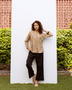 Beige Cotton Round Handblock Short Top For Women's