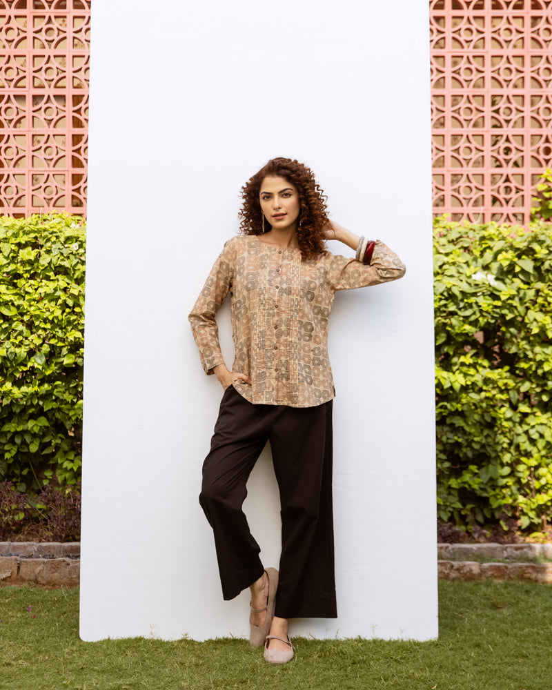 Beige Cotton Round Handblock Short Top For Women's