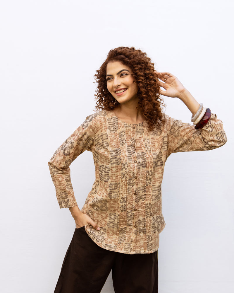 Beige Cotton Round Handblock Short Top For Women's