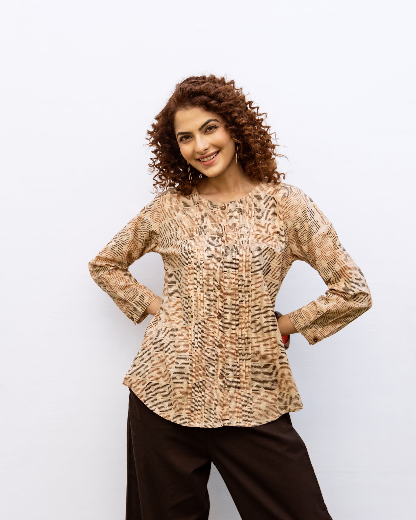 Beige Cotton Round Handblock Short Top For Women's