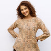 Beige Cotton Round Handblock Short Top For Women's