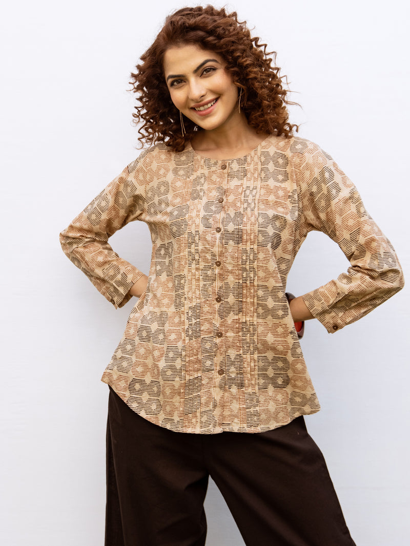 Beige Cotton Round Handblock Short Top For Women's