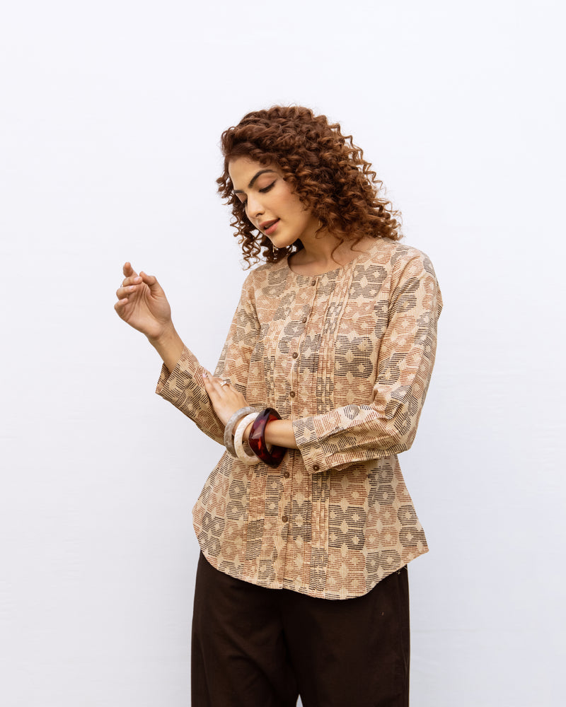 Beige Cotton Round Handblock Short Top For Women's