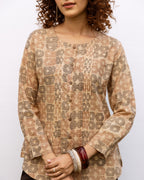 Beige Cotton Round Handblock Short Top For Women's