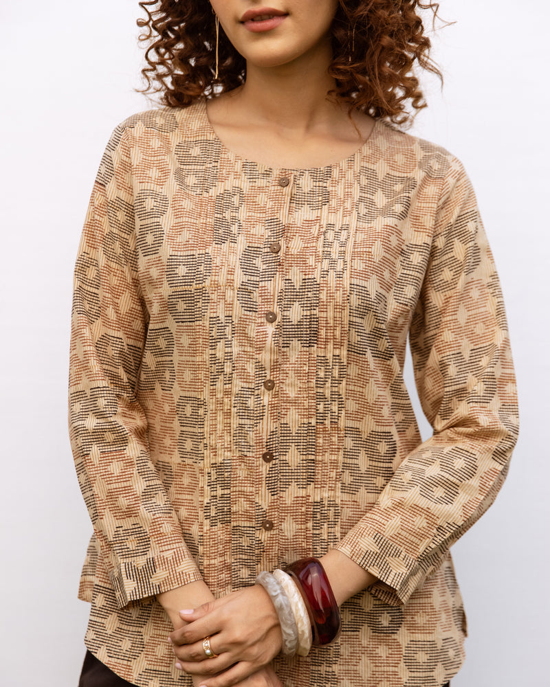 Beige Cotton Round Handblock Short Top For Women's