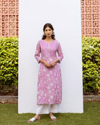 Lavender Cotton Round Handblock Kurta For Women's