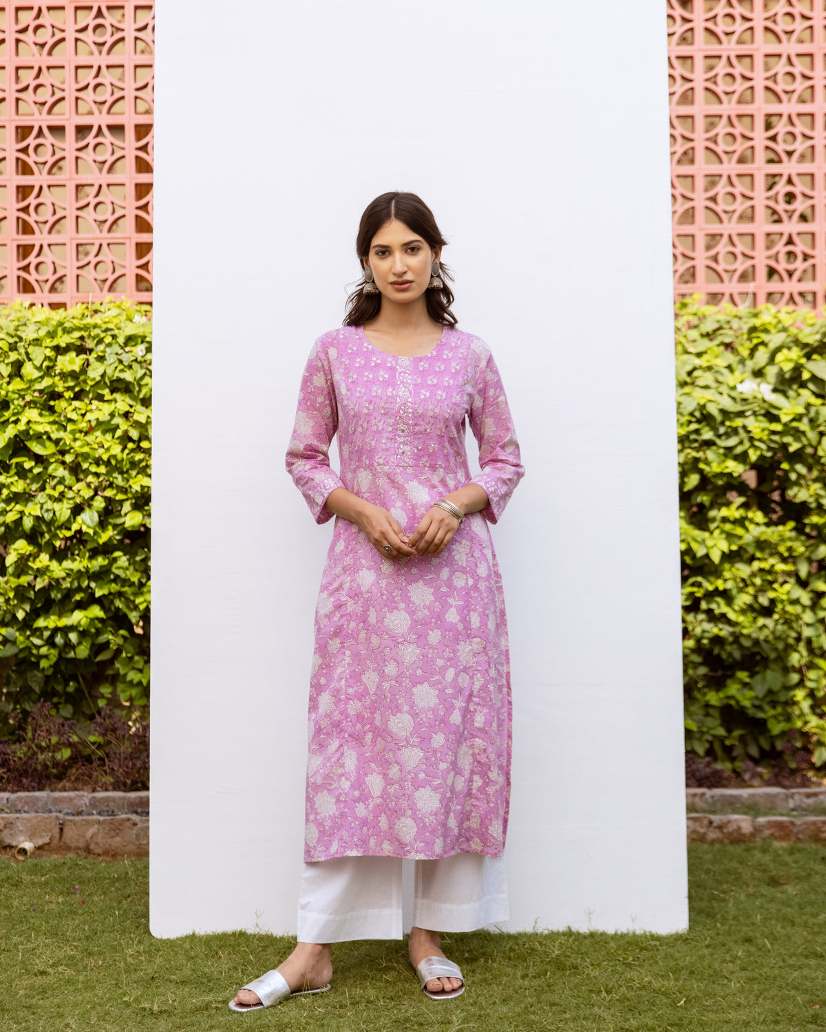 Lavender Cotton Round Handblock Kurta For Women's