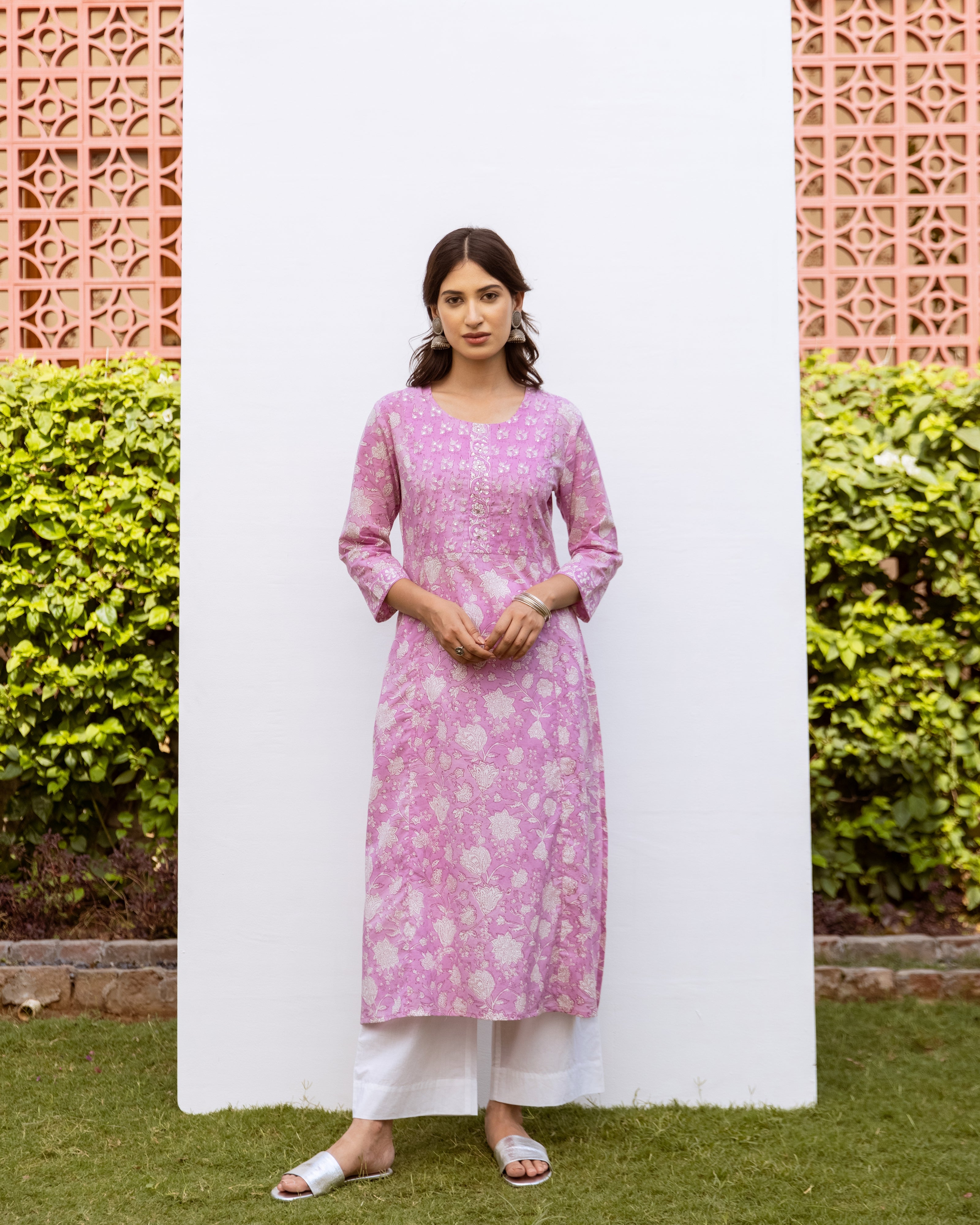 Lavender Cotton Round Handblock Kurta For Women's