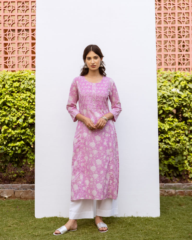 Lavender Cotton Round Handblock Kurta For Women's