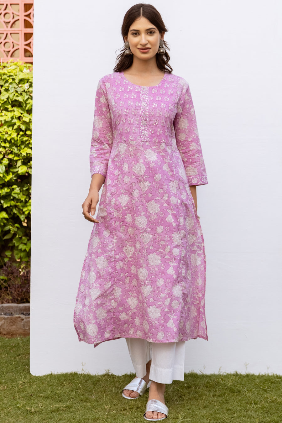 Lavender Cotton Round Handblock Kurta For Women's