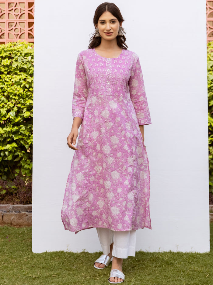 Lavender Cotton Round Handblock Kurta For Women's