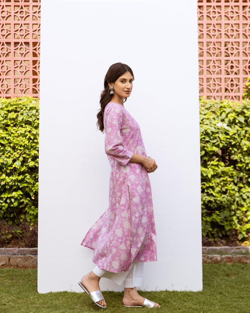Lavender Cotton Round Handblock Kurta For Women's