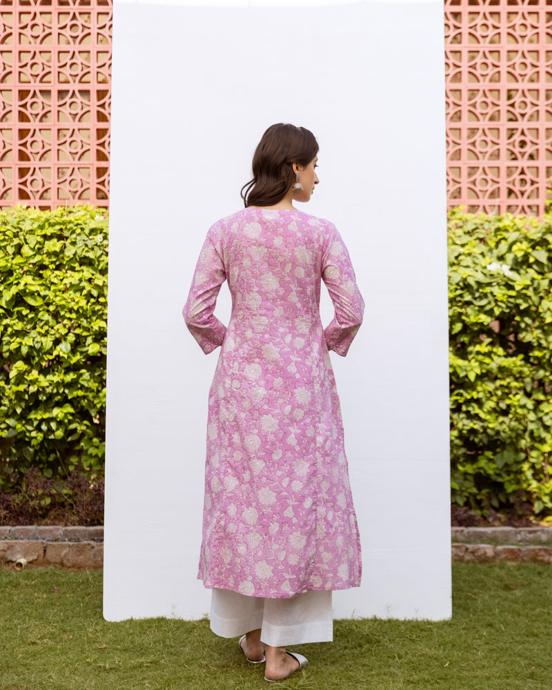 Lavender Cotton Round Handblock Kurta For Women's