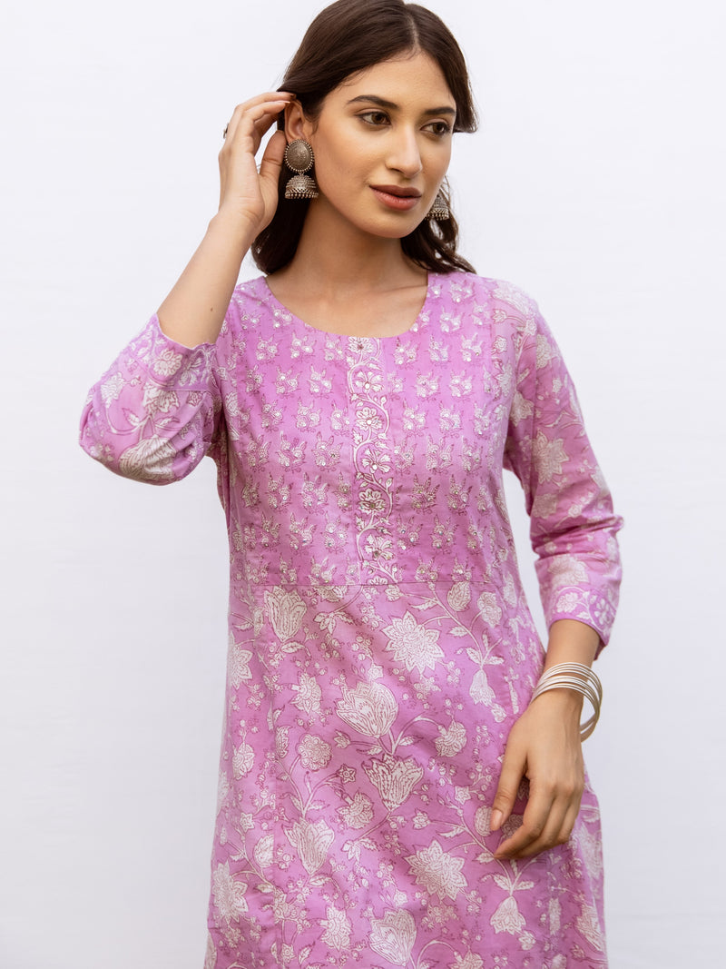 Lavender Cotton Round Handblock Kurta For Women's