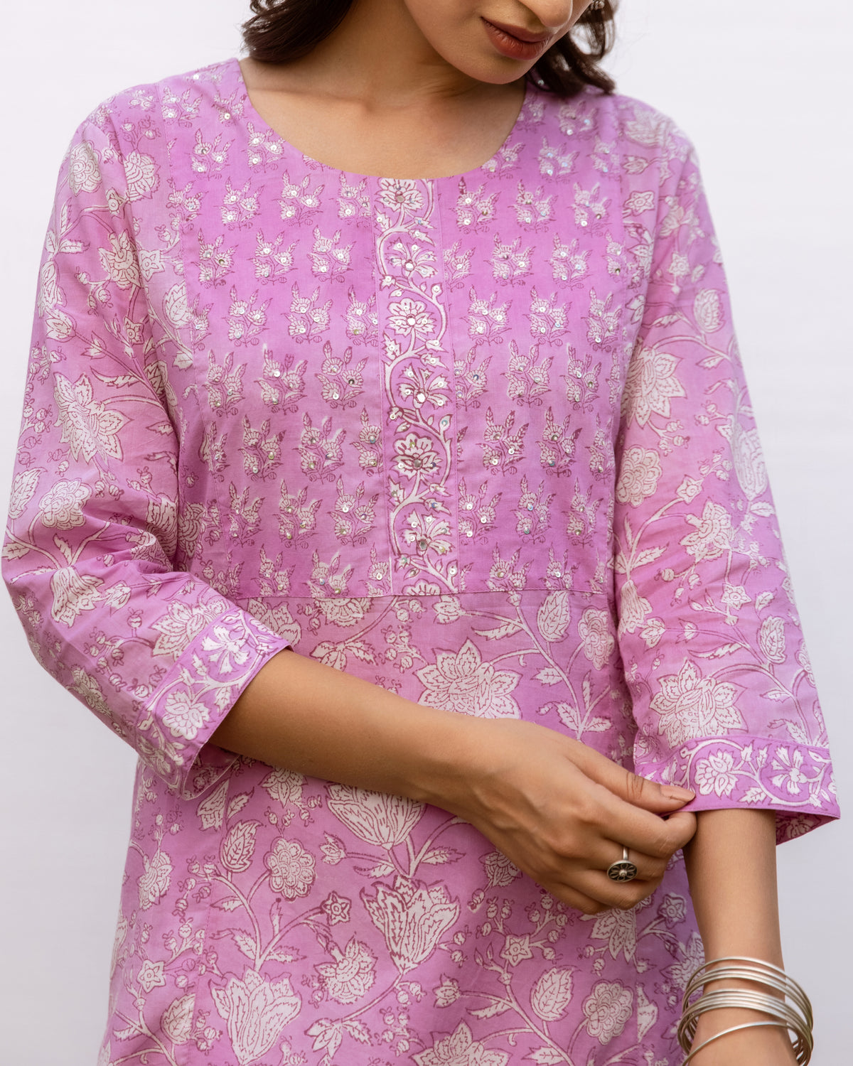 Lavender Cotton Round Handblock Kurta For Women's