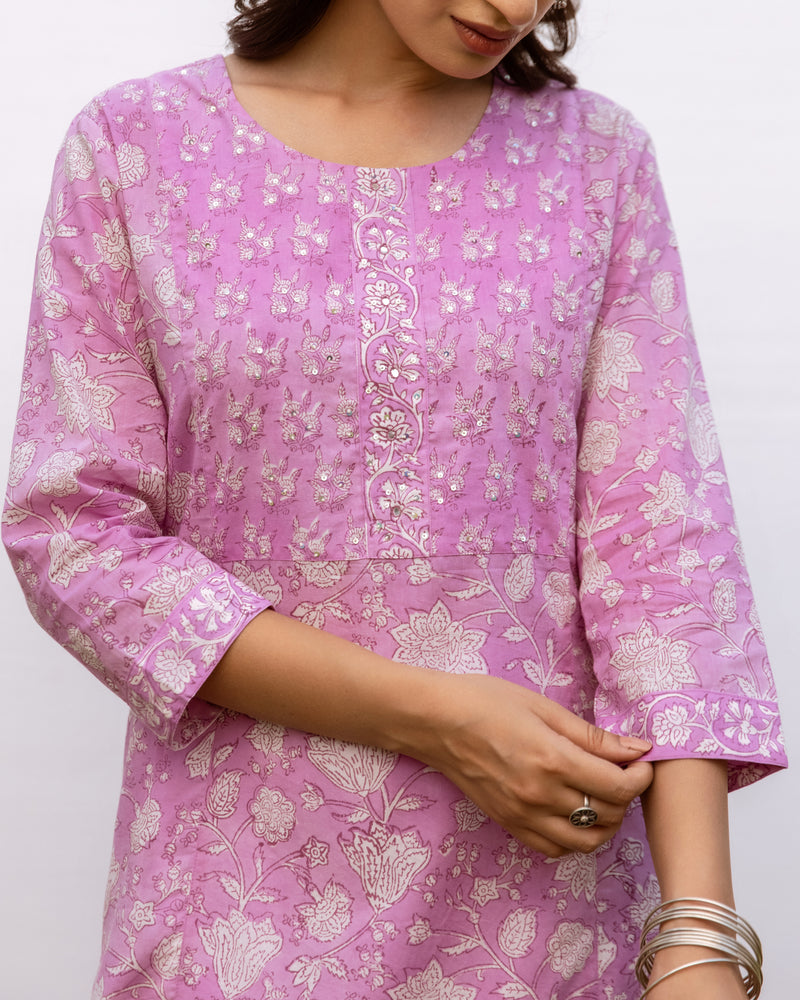 Lavender Cotton Round Handblock Kurta For Women's