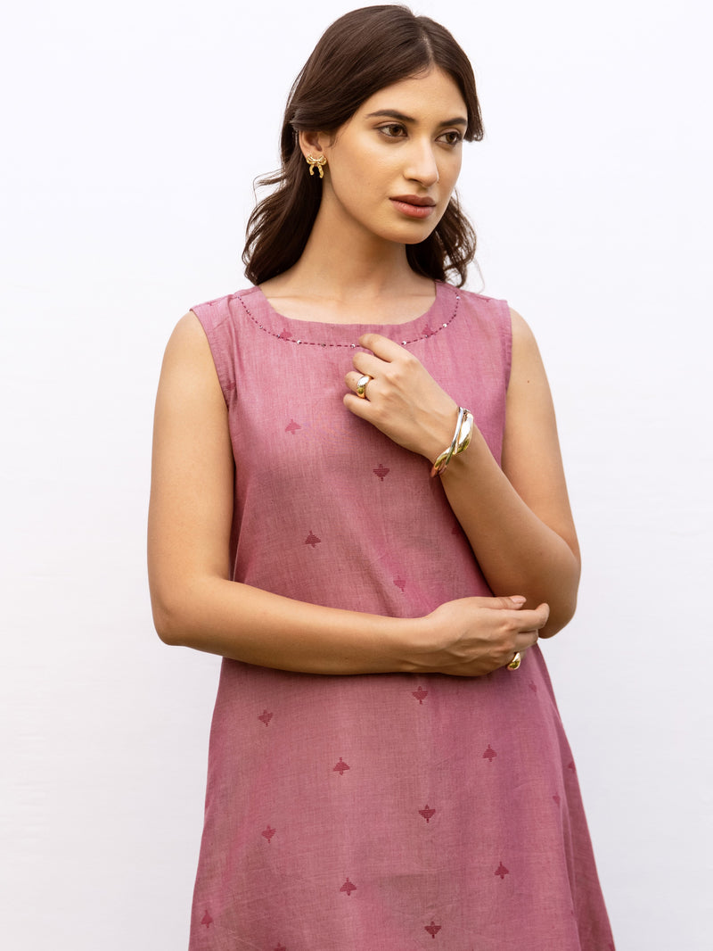 Dusty Rose Pink Cotton Handloom Sleeveless Kurta Pant Set For Women's