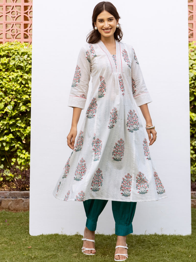 White Cotton V-Neck Handblock Kurta For Women's