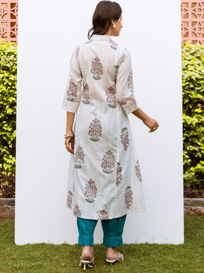 White Cotton V-Neck Handblock Kurta For Women's