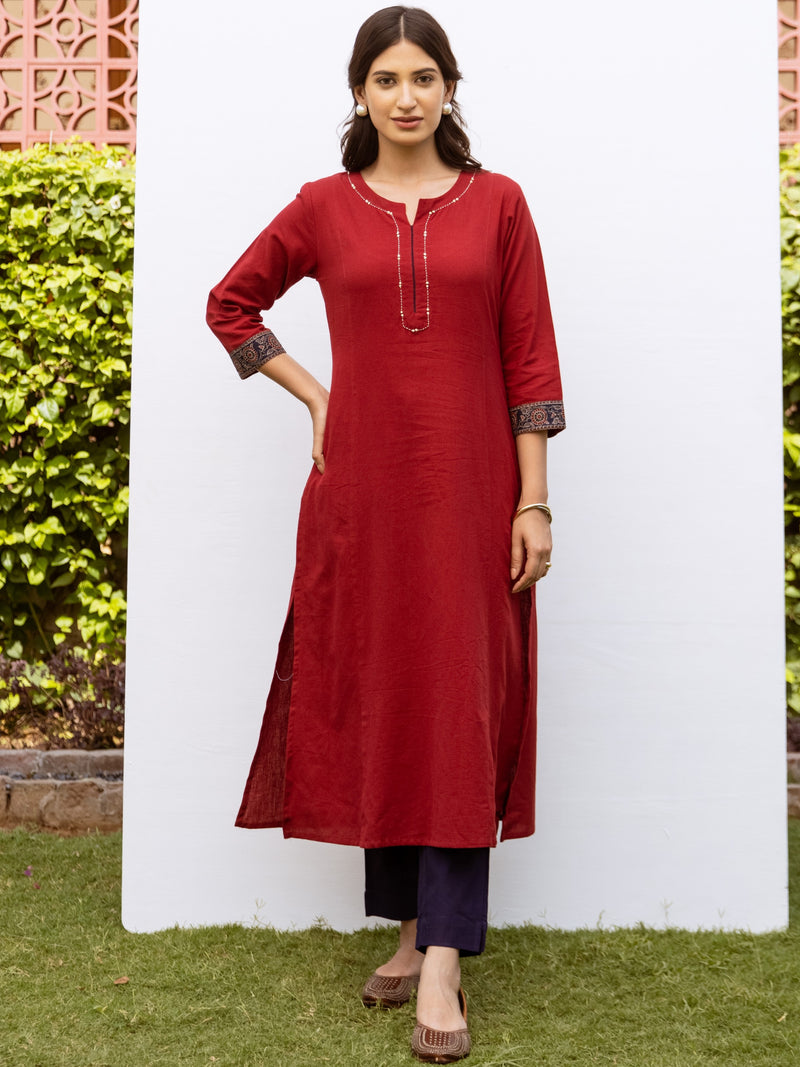Red Cotton Flax Round With V-Neck Kurta For Women's