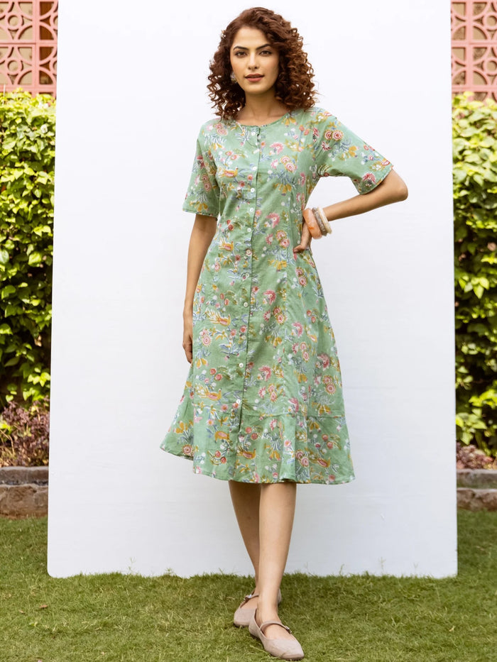 Green Cotton Round Neck Floral Handblock Print Dress For Women's