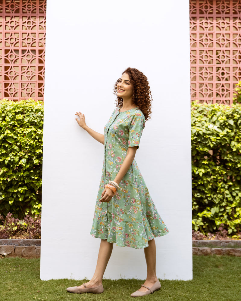 Green Cotton Round Neck Floral Handblock Print Dress For Women's