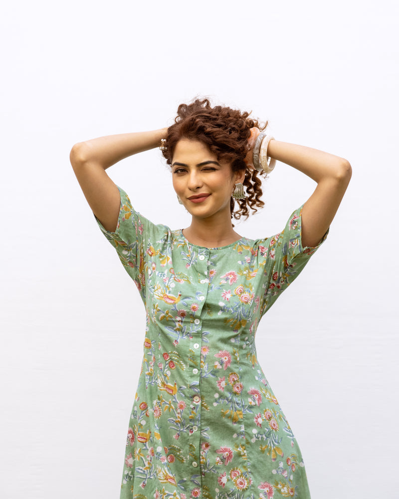 Green Cotton Round Neck Floral Handblock Print Dress For Women's