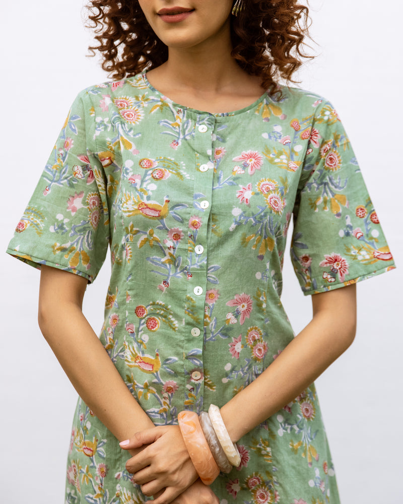 Green Cotton Round Neck Floral Handblock Print Dress For Women's