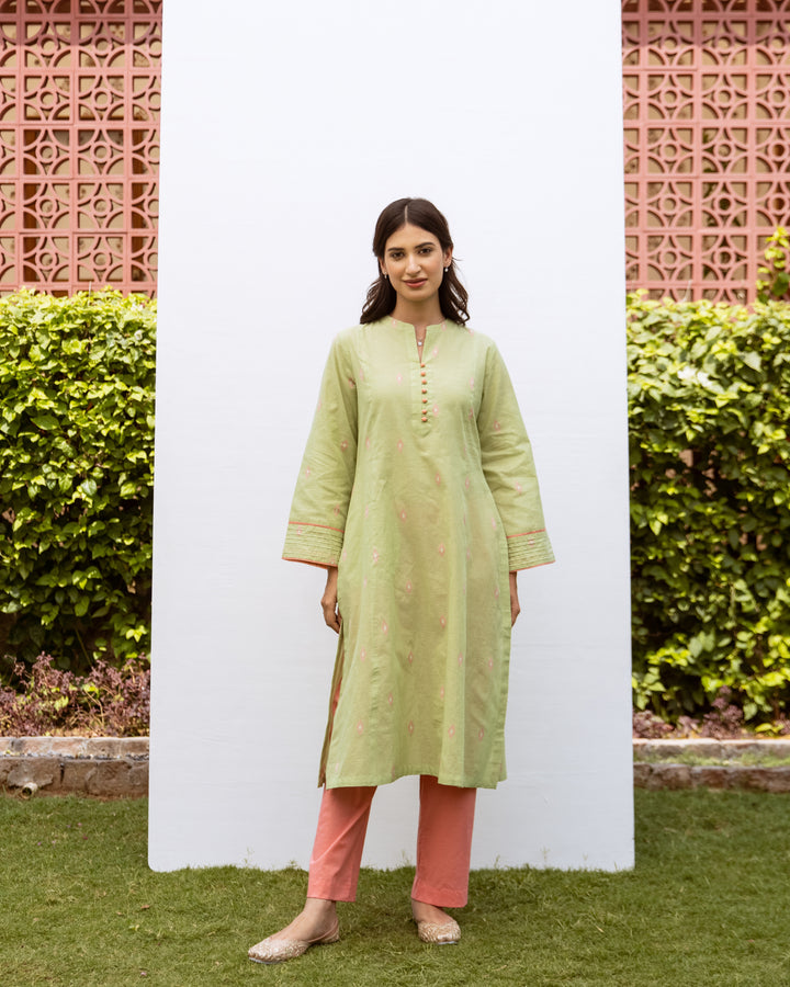Pastel Green Handloom Kurta With Coral Pink Cotton Pant Set For Women's