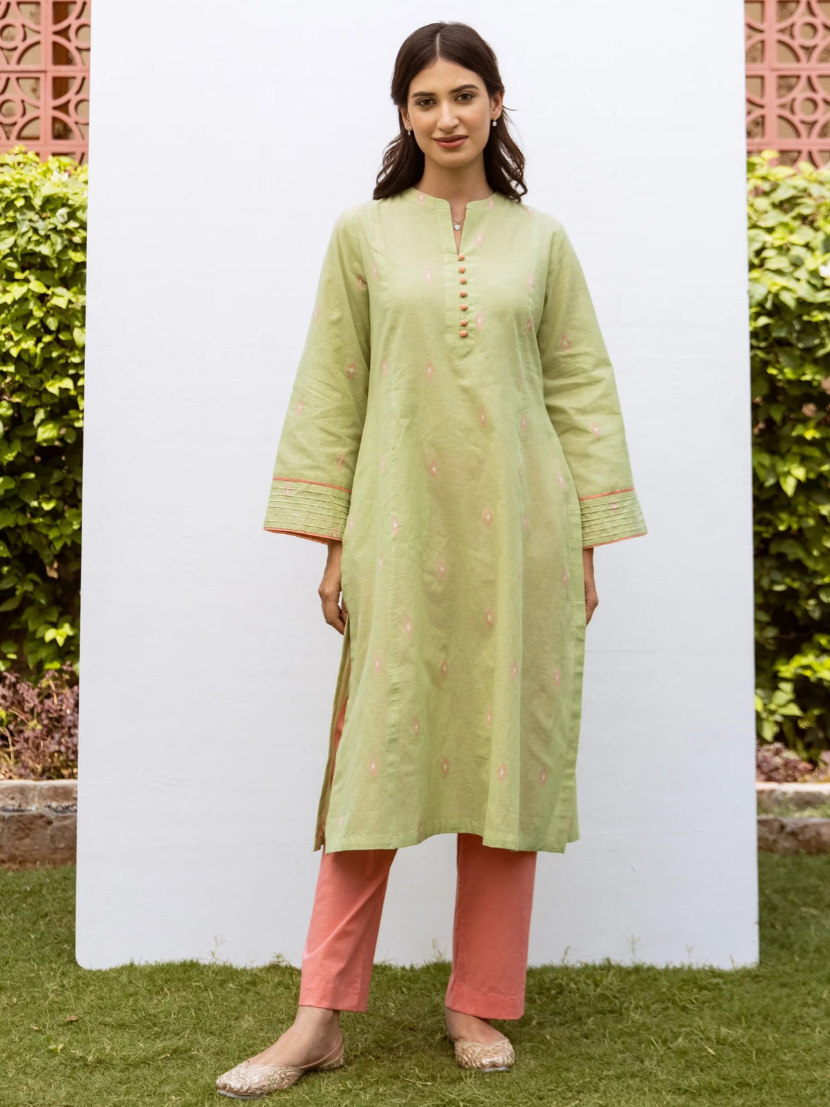 Pastel Green Handloom Kurta With Coral Pink Cotton Pant Set For Women's