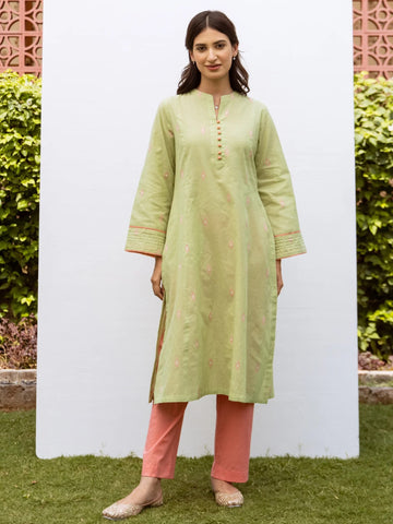Pastel Green Handloom Kurta With Coral Pink Cotton Pant Set For Women's