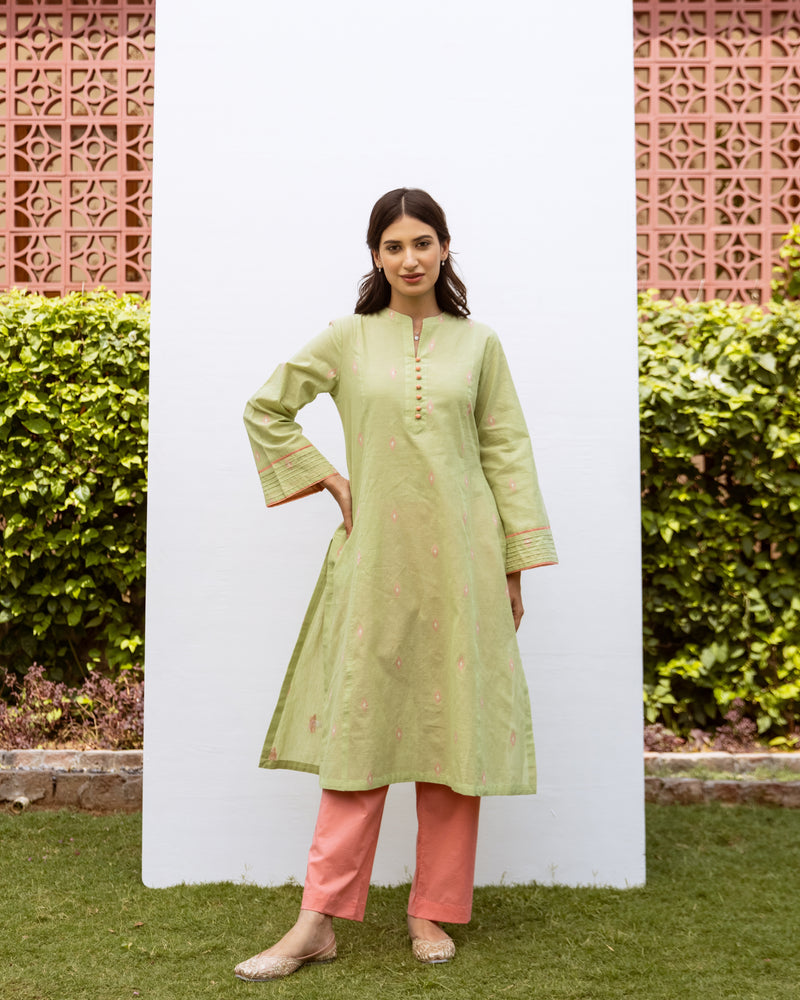 Pastel Green Handloom Kurta With Coral Pink Cotton Pant Set For Women's
