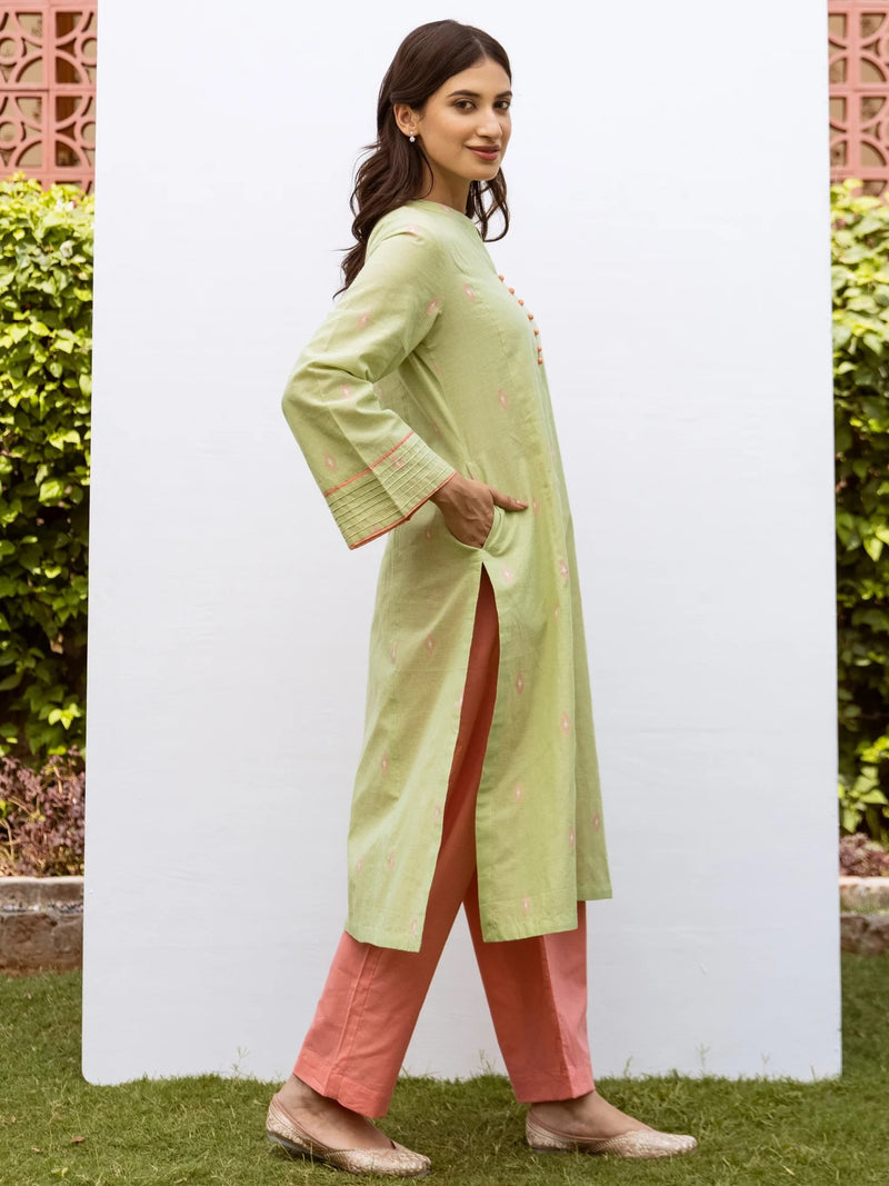 Pastel Green Handloom Kurta With Coral Pink Cotton Pant Set For Women's