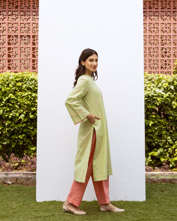 Pastel Green Handloom Kurta With Coral Pink Cotton Pant Set For Women's