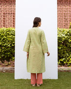 Pastel Green Handloom Kurta With Coral Pink Cotton Pant Set For Women's